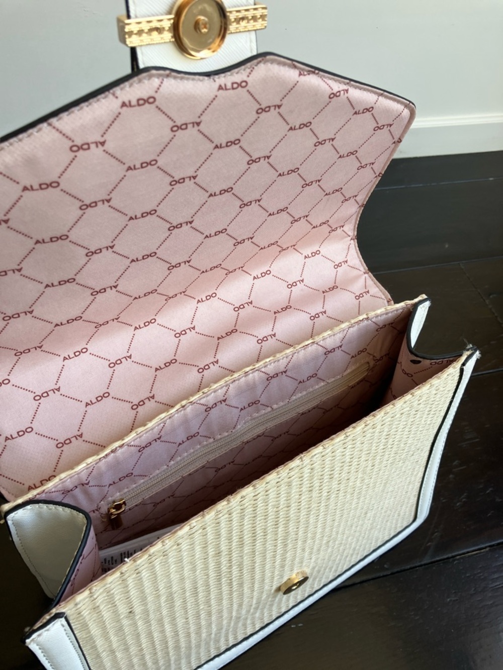 ALDO White-Trim Beige Straw Woven Top-Handle Satchel with Gold Hardware - Picture 5 of 12